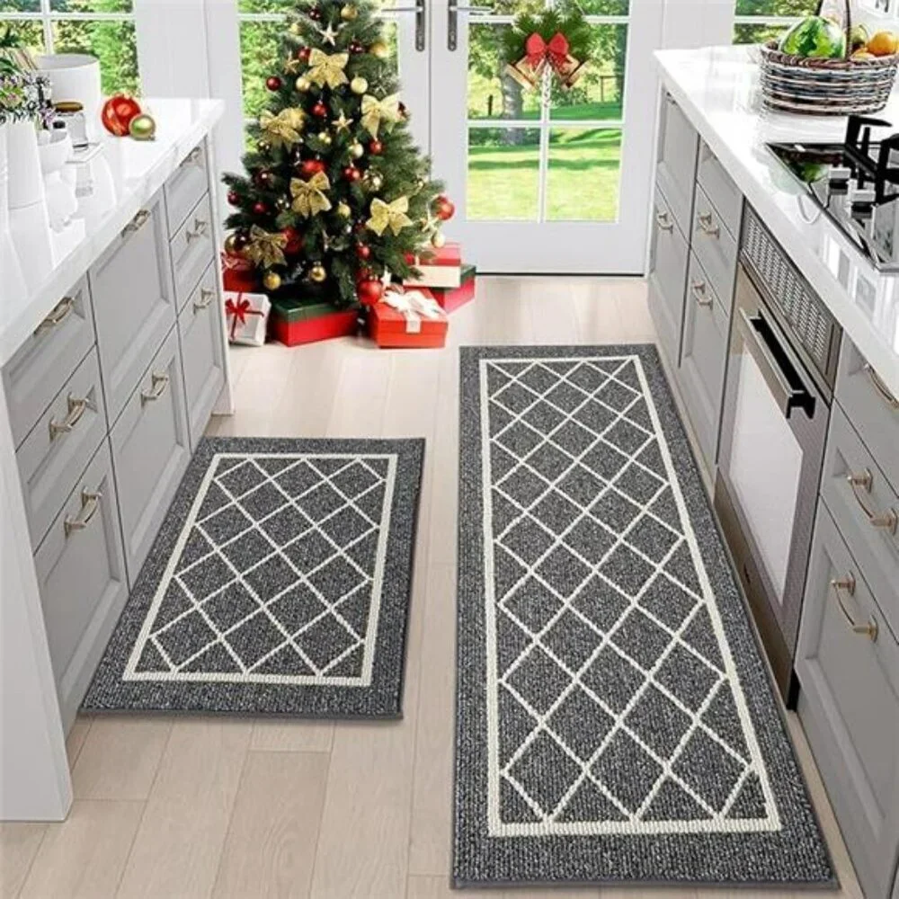 Non Slip Kitchen Rugs Set of 2 Grey Washable Runner Mats for Floor Sink